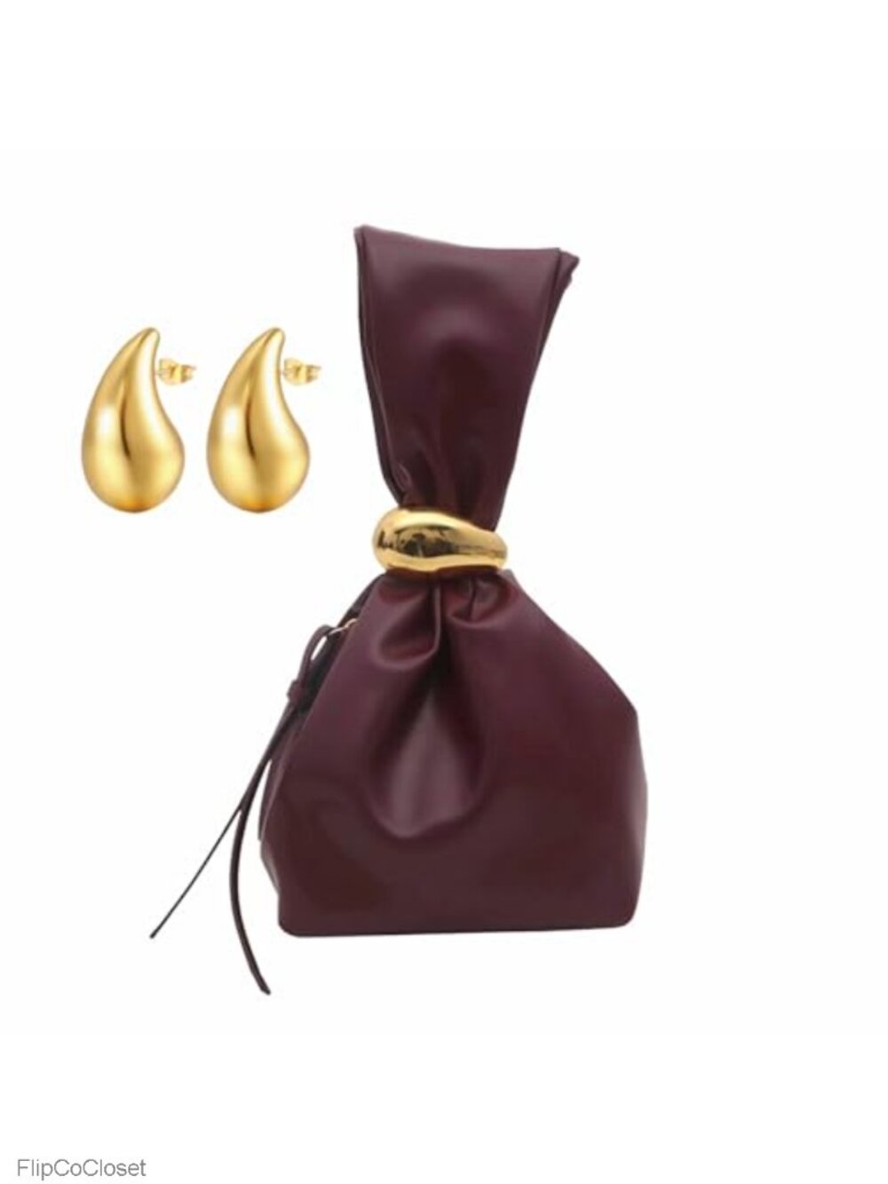 PU Wristlet Purse for Women with Gold Earring, Knot Design, Small Evening Clutch